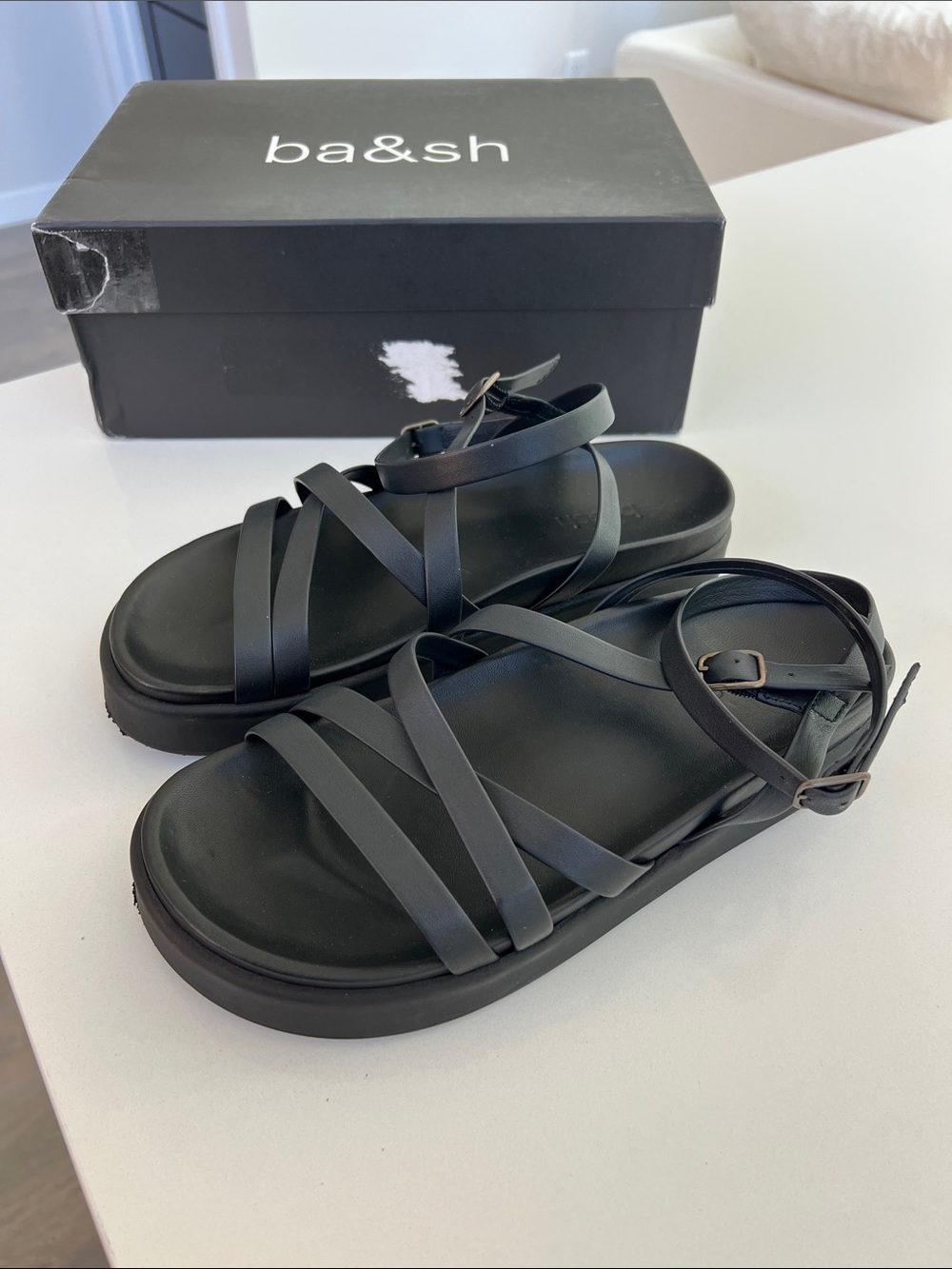 ba&sh chana black leather open toe criss cross strappy sandals size 38